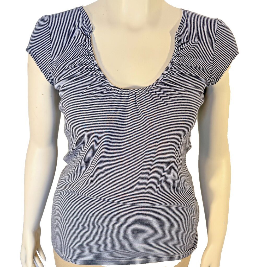 Express Sexy Basic Tee Shirt Womens L Mini Stripe Cap Sleeve Ruched Scoop Neck